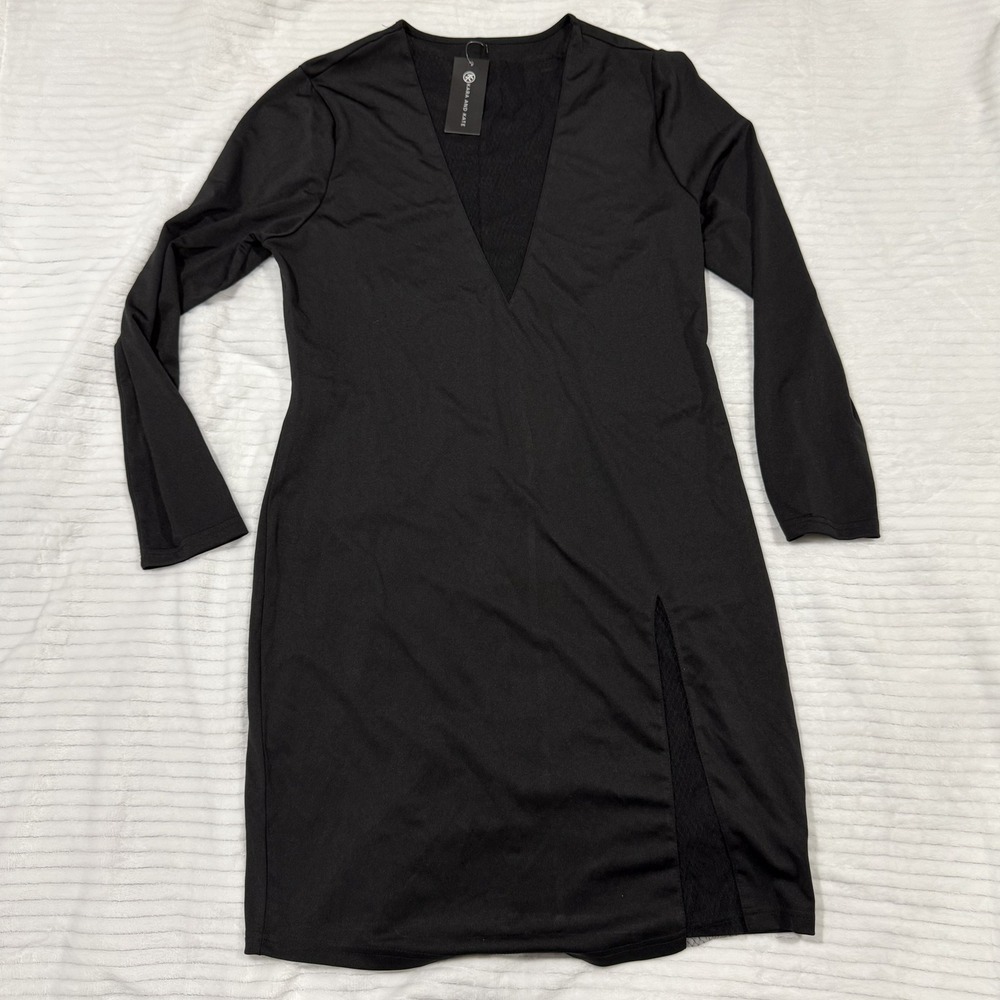 Kara and Kate Black Long Sleeve Deep V-Neck Mesh Inset‎ Mini Dress 3XL
